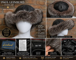 Paul Leinburd Crown Cap Silver Fox Fur Trim Leather Hat M/M Made In Canada